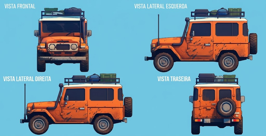 Referência original com as quatro vistas do utilitário laranja